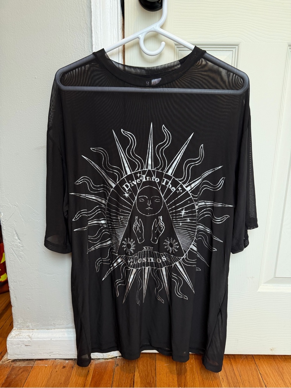 Black Oversized Mesh Short Sleeve Tee with White Sun Graphic